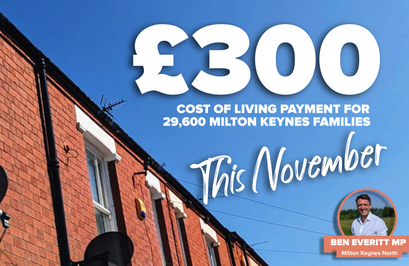 £300 Cost Of Living Payment for 29,800 families in Milton Keynes