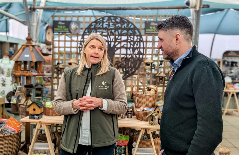 Ben Everitt MP speaking to Nina from Alban Hill Nurseries