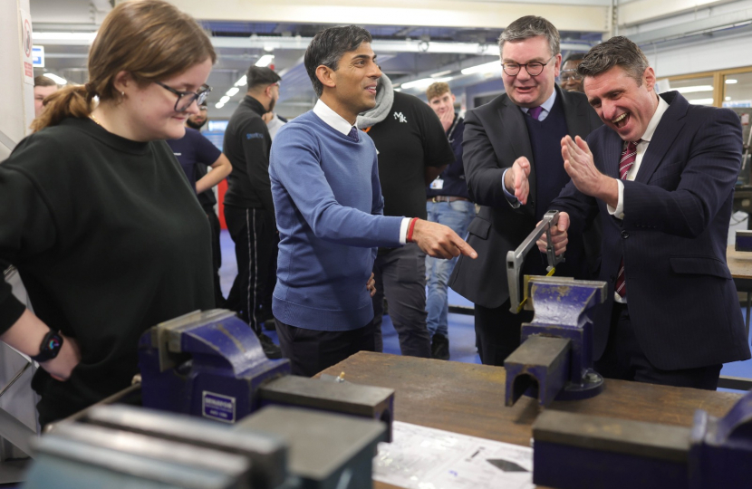 Prime Minister Rishi Sunak meeting apprentices at Milton Keynes College with Ben Everitt MP and Iain Stewart MP