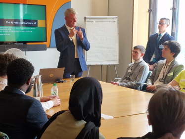 Stuart Andrew speaking to students